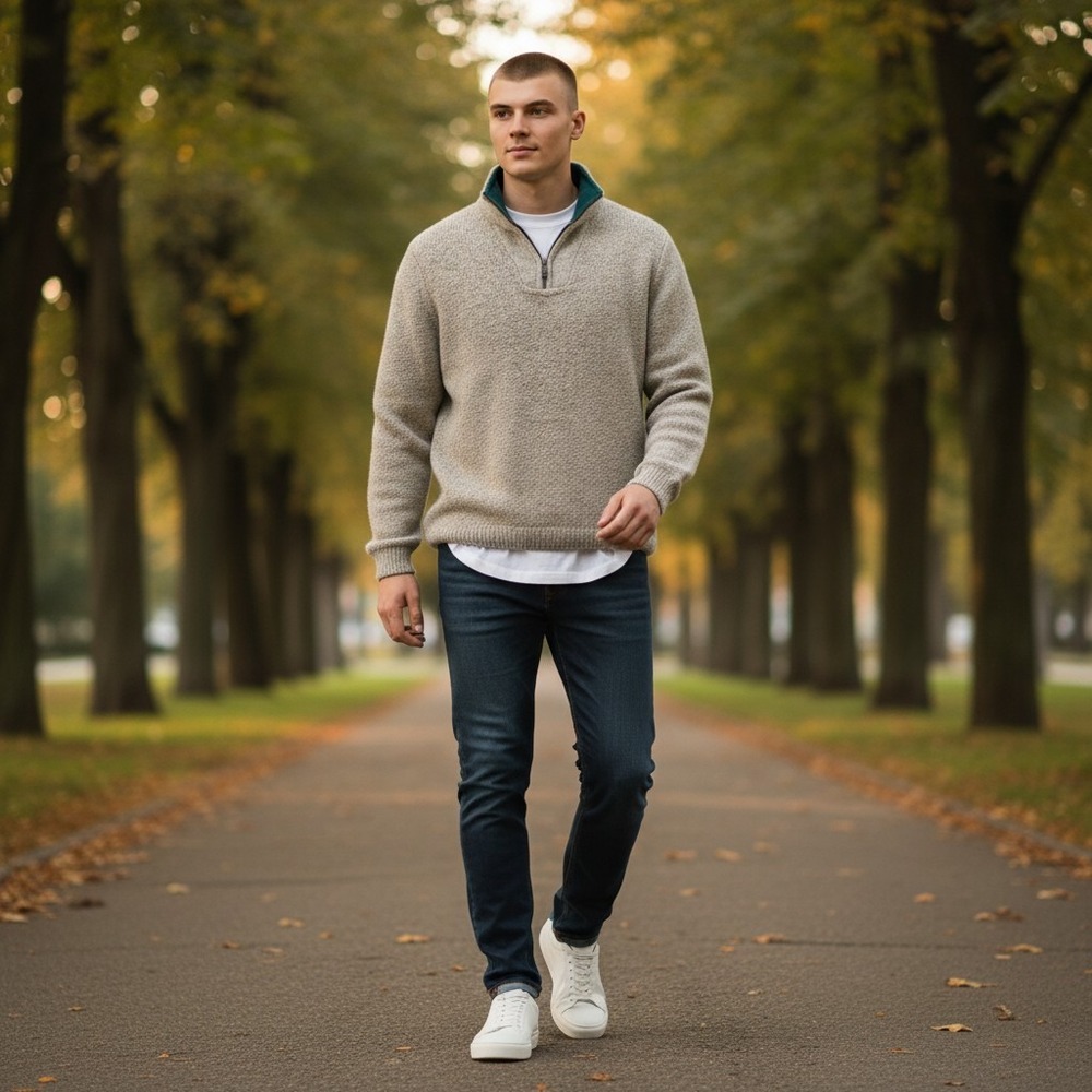 Traverse Bay Woolen Co Mens XL Quarter Zip Sweater Oatmeal Teal‎ Fleece Lined